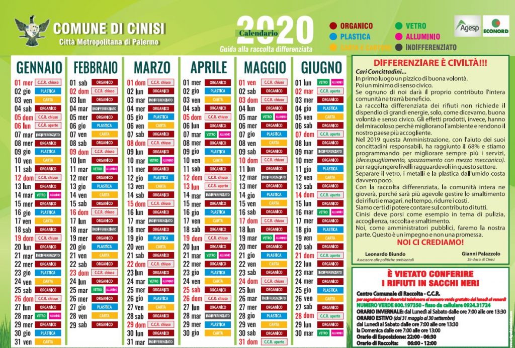 calendario raccolta differenziata anno 2020